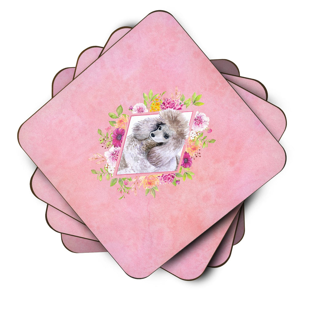 Standard Grey Poodle Pink Flowers Foam Coasters Set of 4 Cup Coasters for Indoor Outdoor, Tabletop Protection, Anti Slip, Mouse pad Material