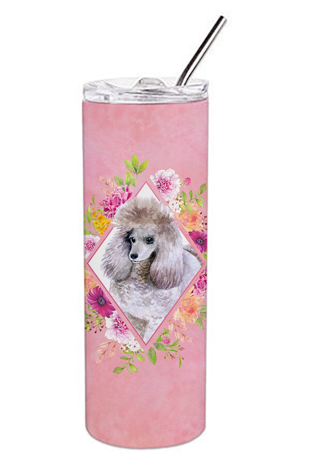 Standard Grey Poodle Pink Flowers Stainless Steel Skinny Tumbler 20 oz Vacuum Double Walled Reusable Insulated Travel Cup