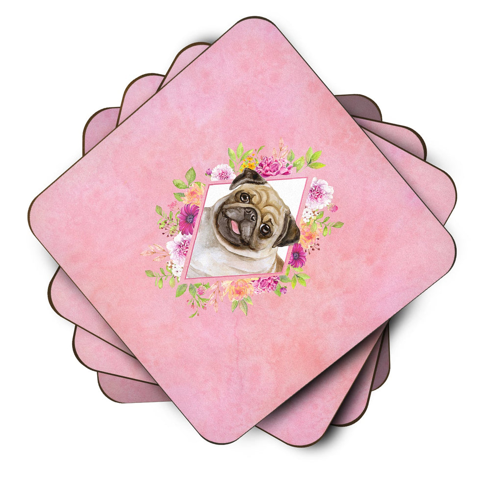 Fawn Pug Pink Flowers Foam Coasters Set of 4 Cup Coasters for Indoor Outdoor, Tabletop Protection, Anti Slip, Mouse pad Material