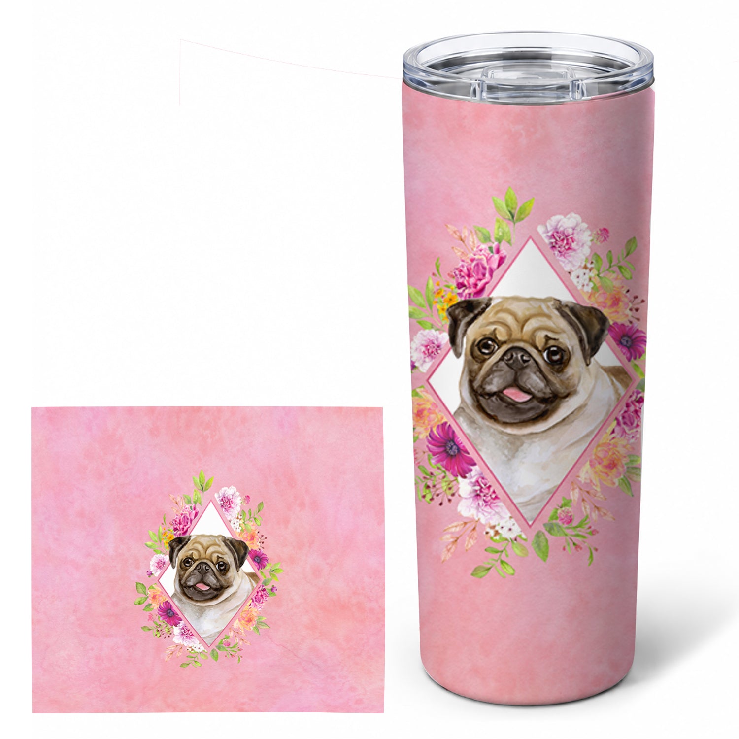 Fawn Pug Pink Flowers Stainless Steel Skinny Tumbler 20 oz Vacuum Double Walled Reusable Insulated Travel Cup