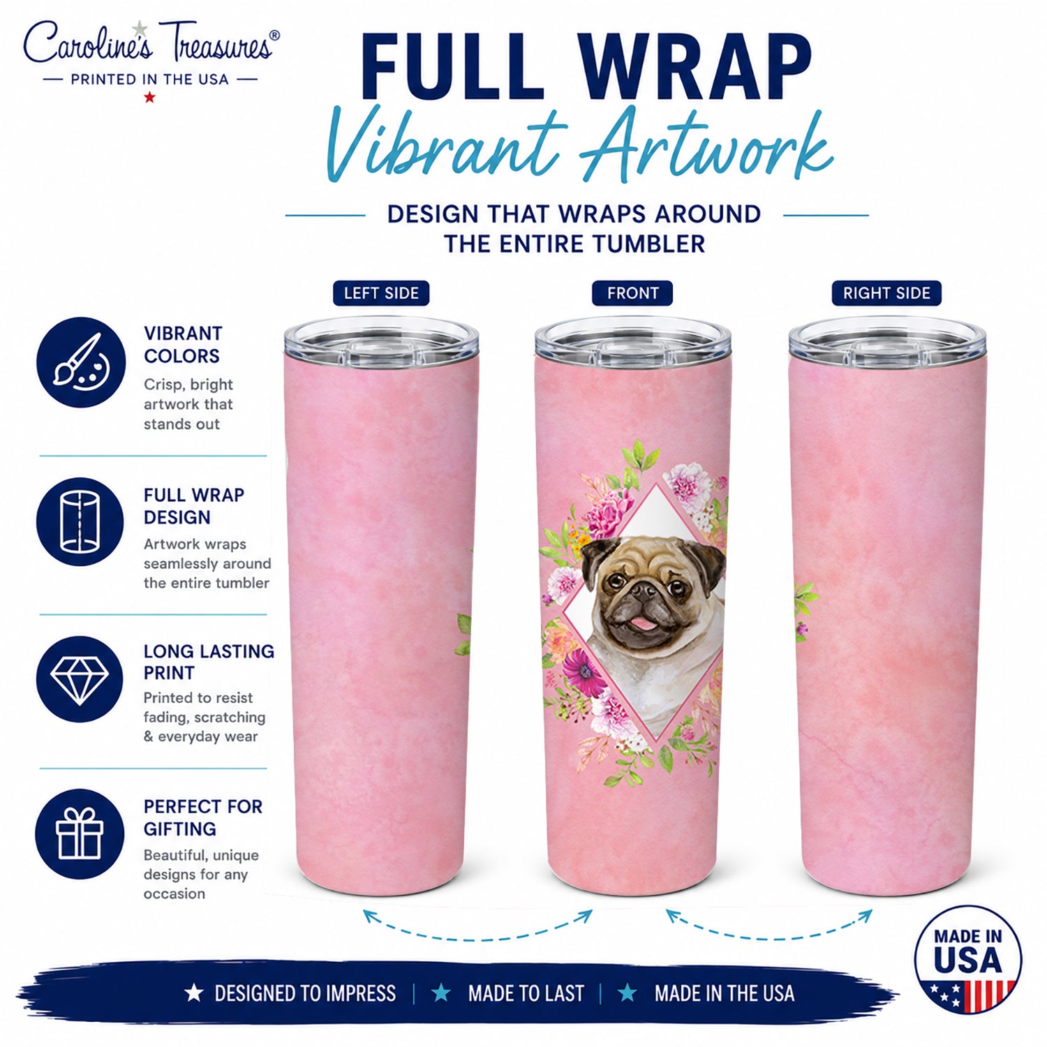 Fawn Pug Pink Flowers Stainless Steel Skinny Tumbler 20 oz Vacuum Double Walled Reusable Insulated Travel Cup