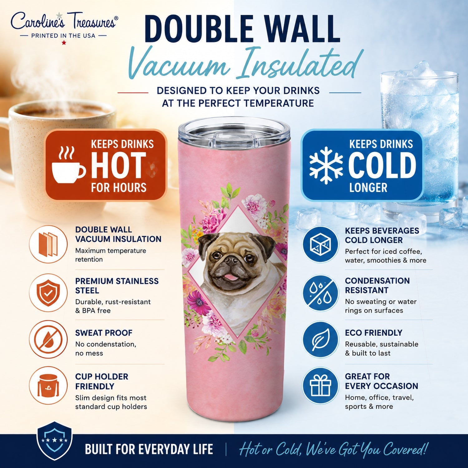 Fawn Pug Pink Flowers Stainless Steel Skinny Tumbler 20 oz Vacuum Double Walled Reusable Insulated Travel Cup