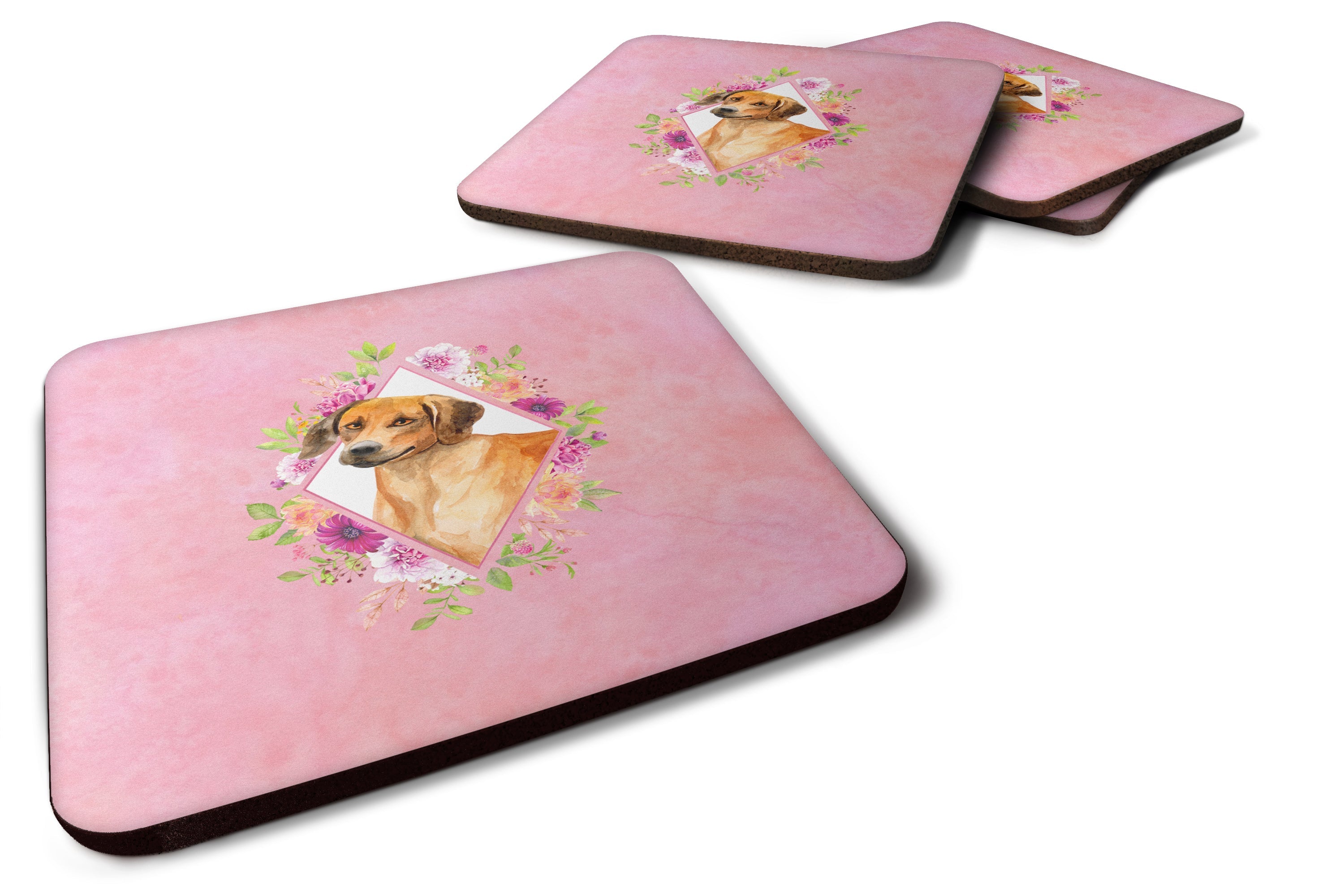 Rhodesian Ridgeback Pink Flowers Foam Coasters Set of 4 Cup Coasters for Indoor Outdoor, Tabletop Protection, Anti Slip, Mouse pad Material