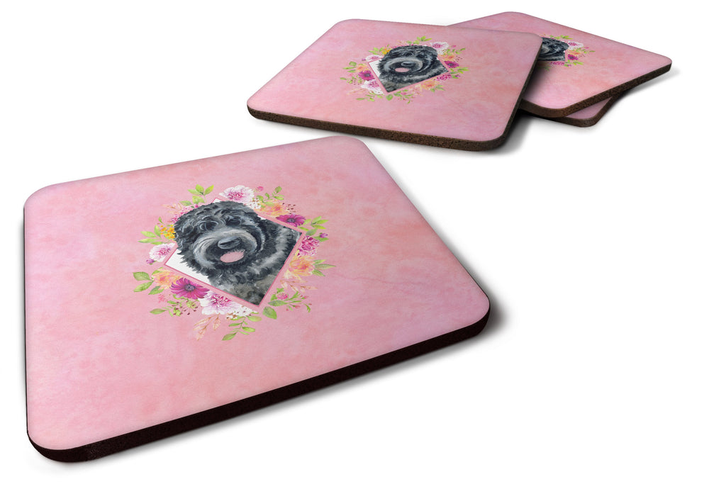Russian Black Terrier Pink Flowers Foam Coasters Set of 4 Cup Coasters for Indoor Outdoor, Tabletop Protection, Anti Slip, Mouse pad Material