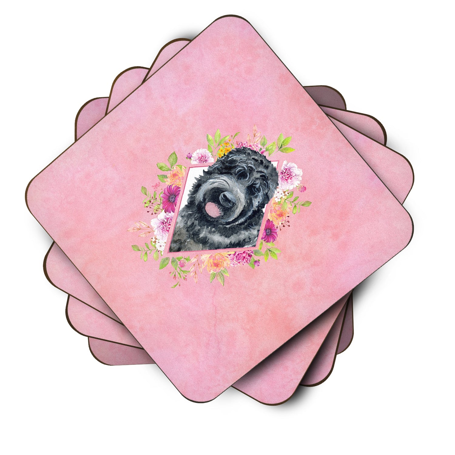 Russian Black Terrier Pink Flowers Foam Coasters Set of 4 Cup Coasters for Indoor Outdoor, Tabletop Protection, Anti Slip, Mouse pad Material