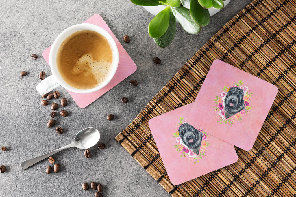 Russian Black Terrier Pink Flowers Foam Coasters Set of 4 Cup Coasters for Indoor Outdoor, Tabletop Protection, Anti Slip, Mouse pad Material