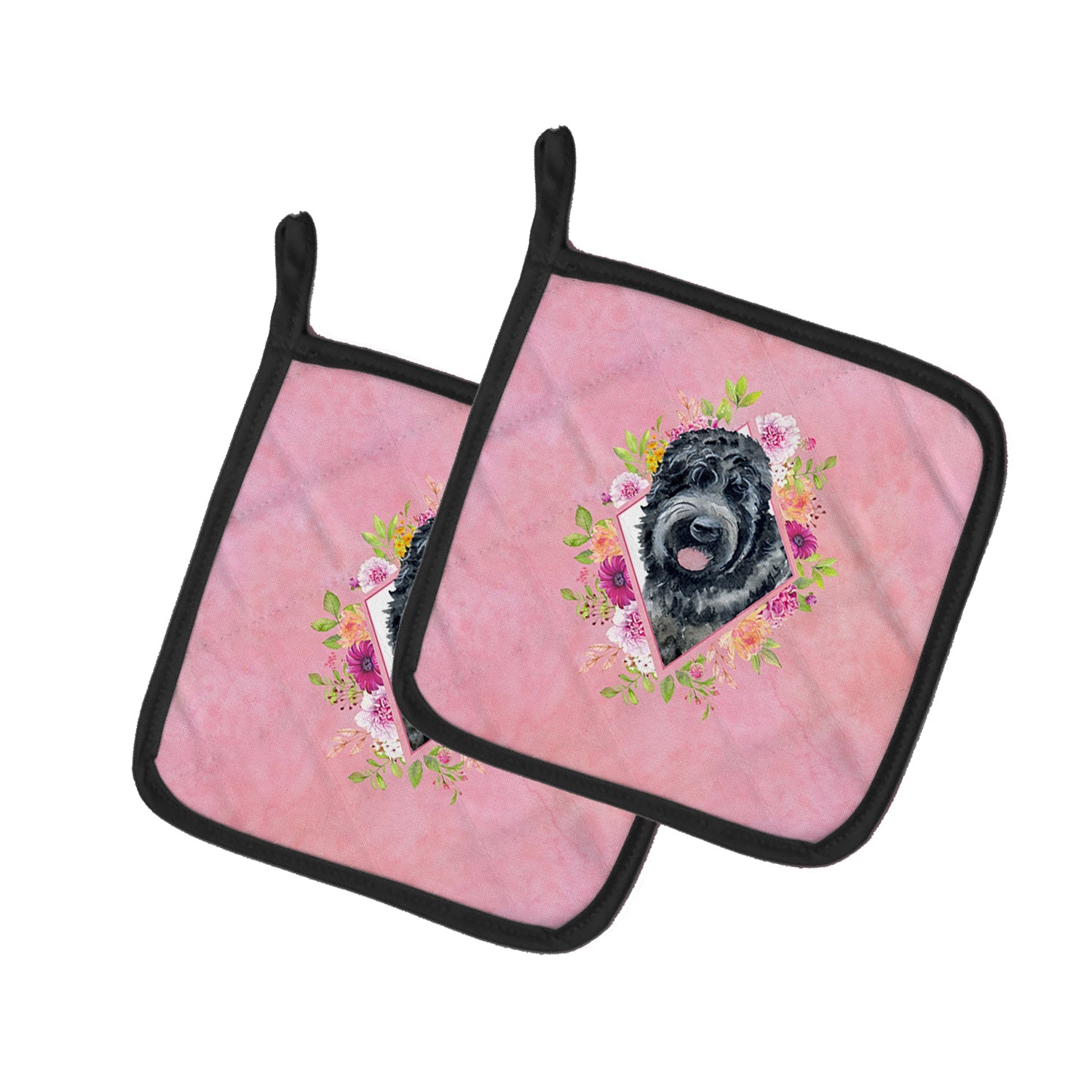 Russian Black Terrier Pink Flowers Pot Holder Set of 2 Heat Resistant Quilted Hot Pads 7.5 x 7.5 Inch, Insulated Kitchen Trivets for Cooking & Baking