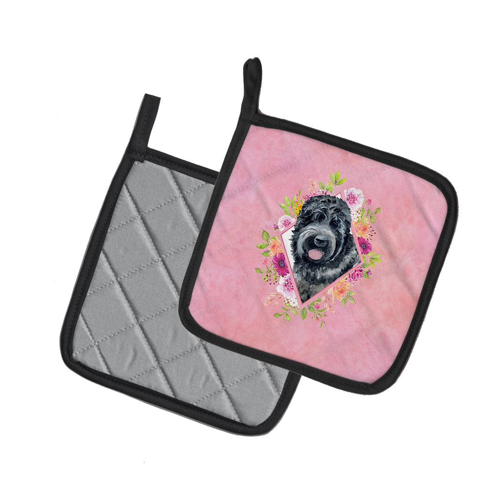 Russian Black Terrier Pink Flowers Pot Holder Set of 2 Heat Resistant Quilted Hot Pads 7.5 x 7.5 Inch, Insulated Kitchen Trivets for Cooking & Baking