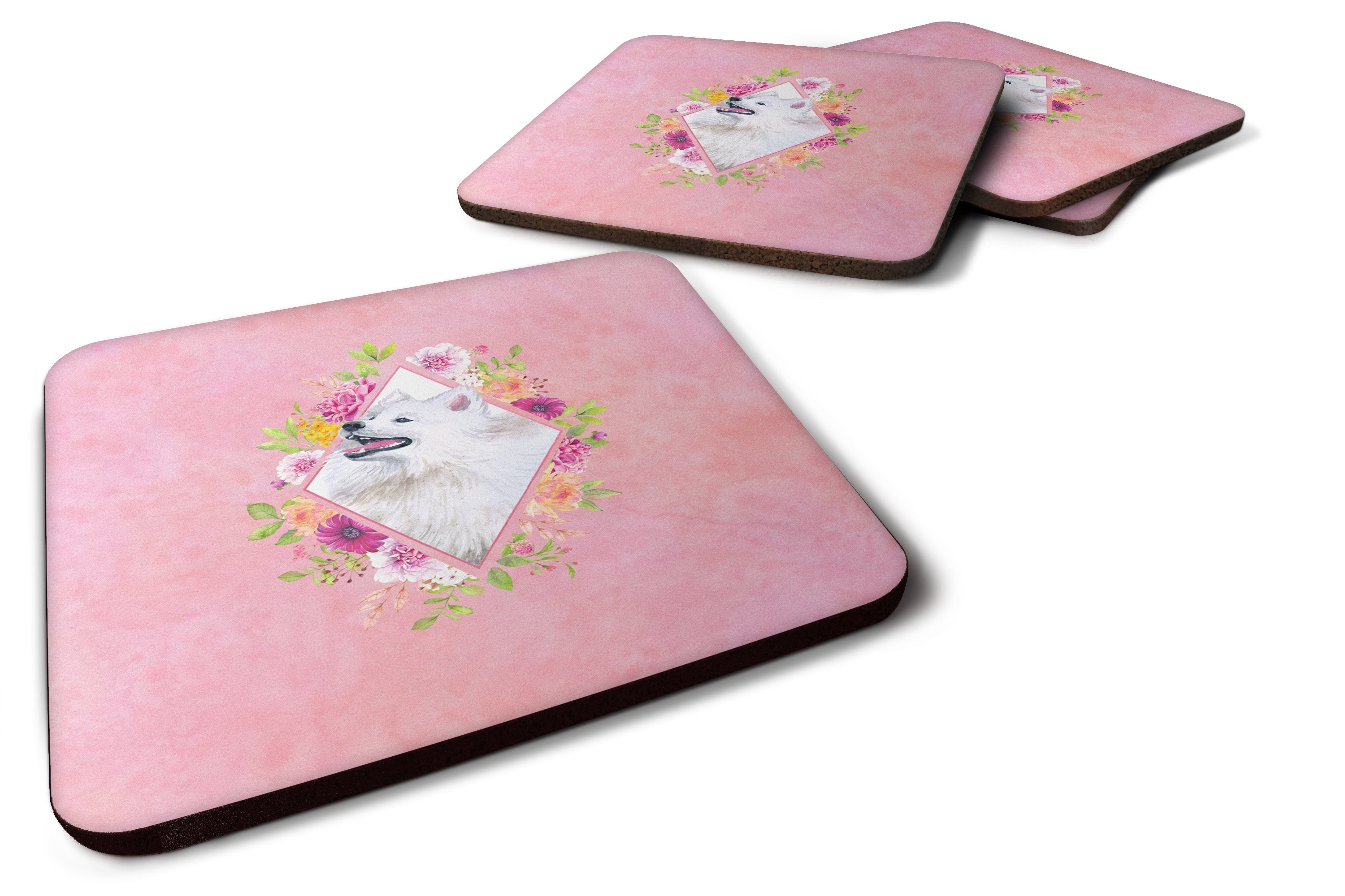 Samoyed Pink Flowers Foam Coasters Set of 4 Cup Coasters for Indoor Outdoor, Tabletop Protection, Anti Slip, Mouse pad Material