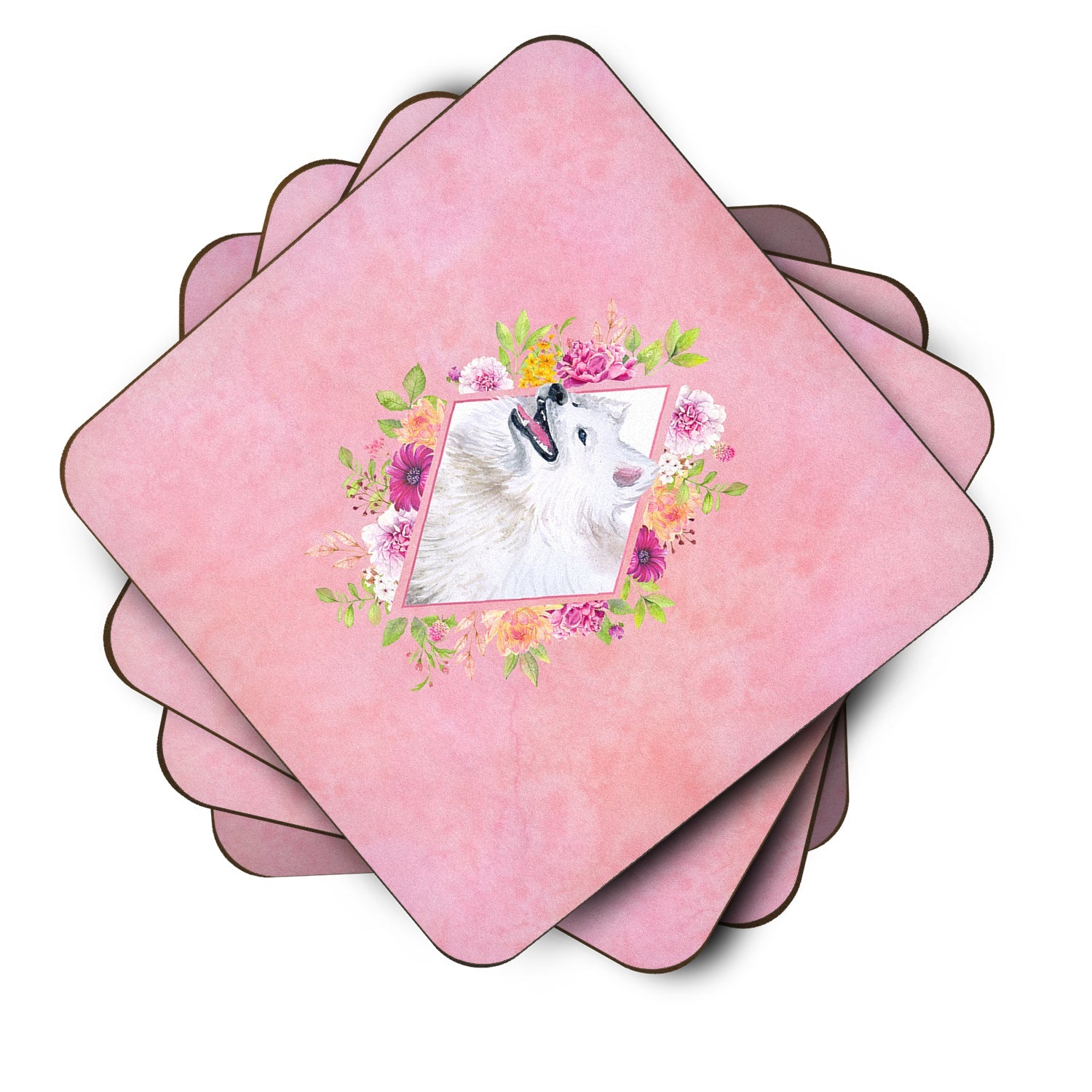 Samoyed Pink Flowers Foam Coasters Set of 4 Cup Coasters for Indoor Outdoor, Tabletop Protection, Anti Slip, Mouse pad Material
