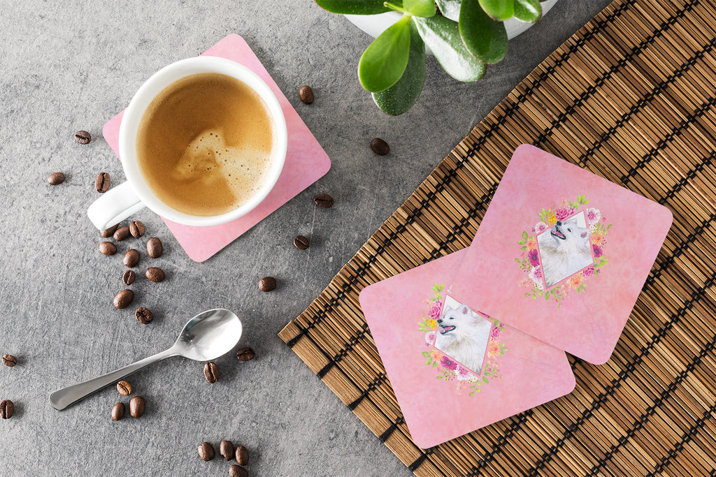 Samoyed Pink Flowers Foam Coasters Set of 4 Cup Coasters for Indoor Outdoor, Tabletop Protection, Anti Slip, Mouse pad Material