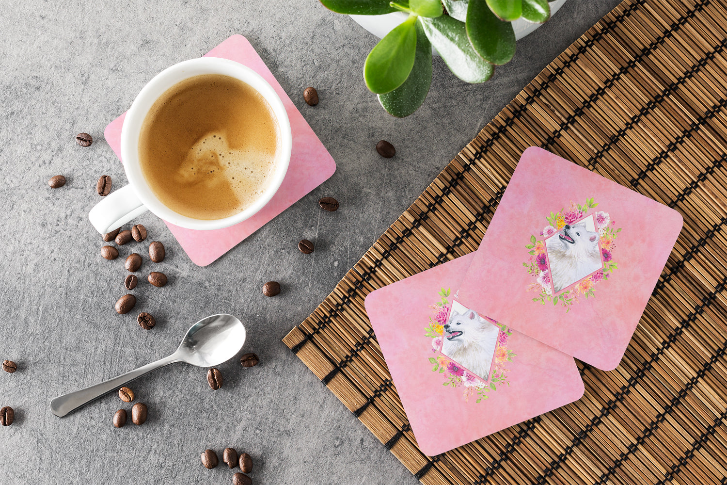 Samoyed Pink Flowers Foam Coasters Set of 4 Cup Coasters for Indoor Outdoor, Tabletop Protection, Anti Slip, Mouse pad Material