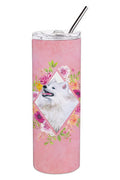 Samoyed Pink Flowers Stainless Steel Skinny Tumbler 20 oz Vacuum Double Walled Reusable Insulated Travel Cup