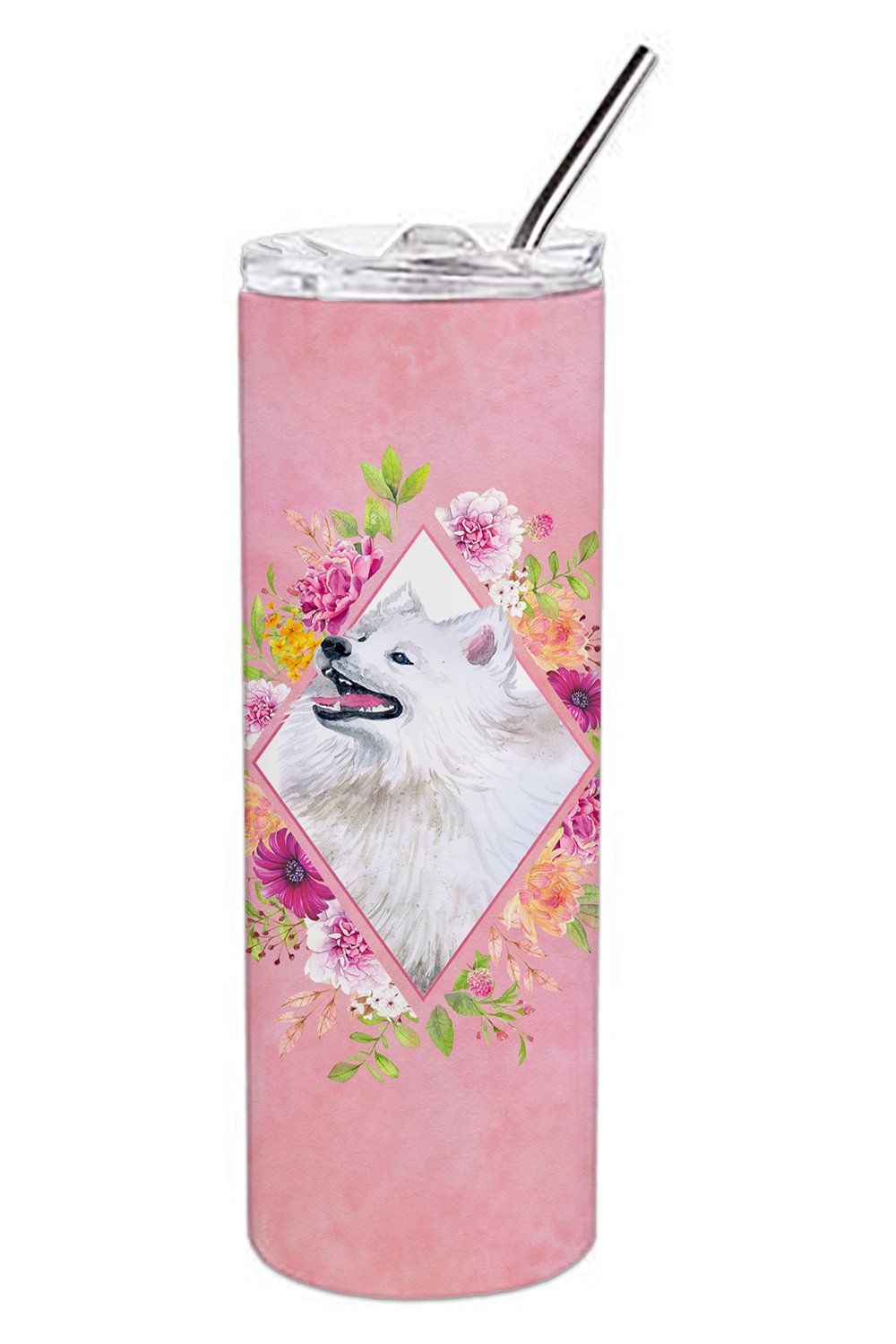 Samoyed Pink Flowers Stainless Steel Skinny Tumbler 20 oz Vacuum Double Walled Reusable Insulated Travel Cup