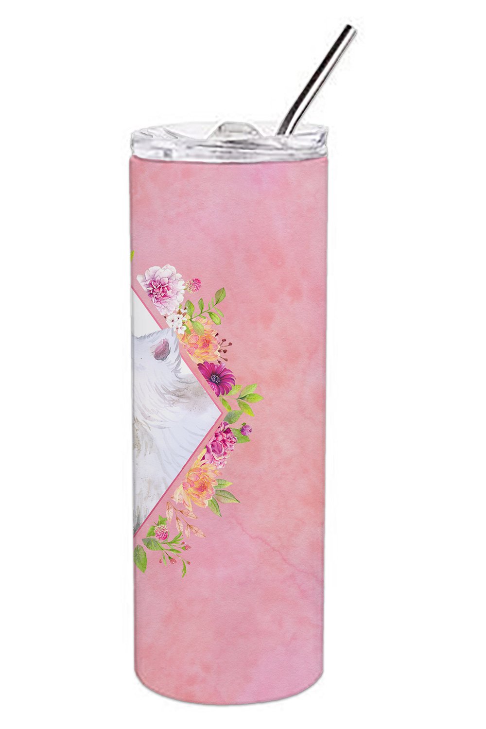 Samoyed Pink Flowers Stainless Steel Skinny Tumbler 20 oz Vacuum Double Walled Reusable Insulated Travel Cup