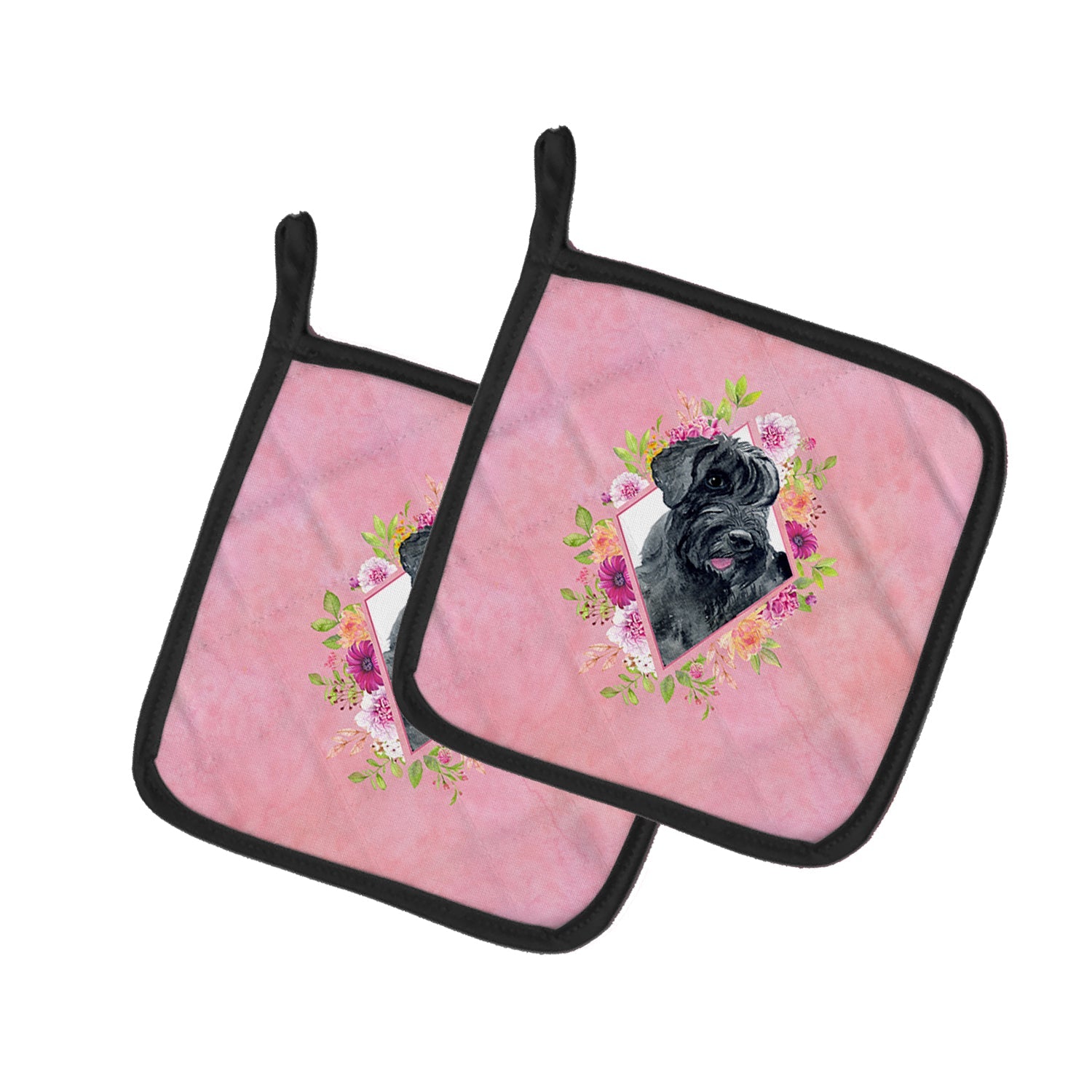 Giant Schnauzer Pink Flowers Pot Holder Set of 2 Heat Resistant Quilted Hot Pads 7.5 x 7.5 Inch, Insulated Kitchen Trivets for Cooking & Baking