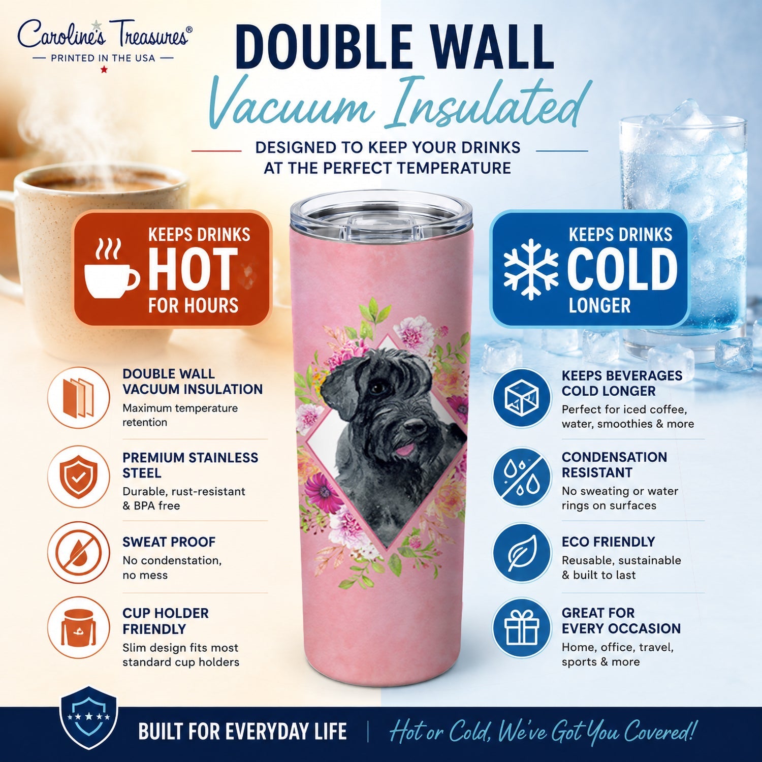 Giant Schnauzer Pink Flowers Stainless Steel Skinny Tumbler 20 oz Vacuum Double Walled Reusable Insulated Travel Cup