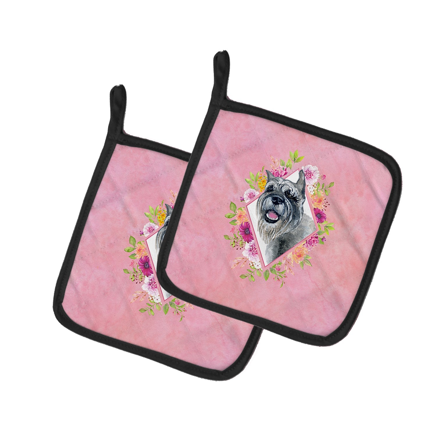 Schnauzer Pink Flowers Pot Holder Set of 2 Heat Resistant Quilted Hot Pads 7.5 x 7.5 Inch, Insulated Kitchen Trivets for Cooking & Baking
