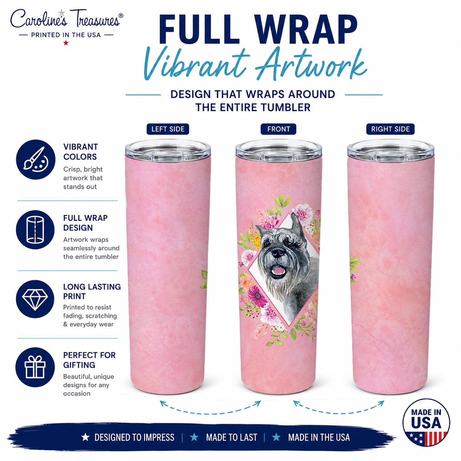 Schnauzer Pink Flowers Stainless Steel Skinny Tumbler 20 oz Vacuum Double Walled Reusable Insulated Travel Cup