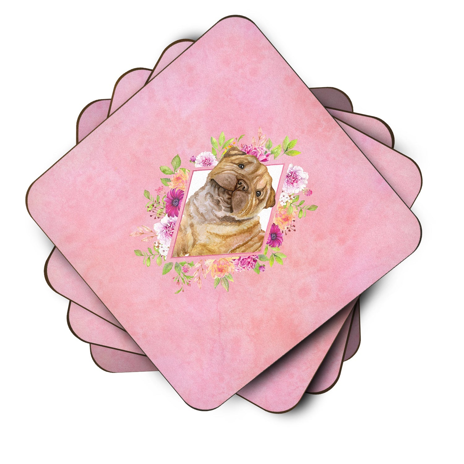Shar Pei Pink Flowers Foam Coasters Set of 4 Cup Coasters for Indoor Outdoor, Tabletop Protection, Anti Slip, Mouse pad Material