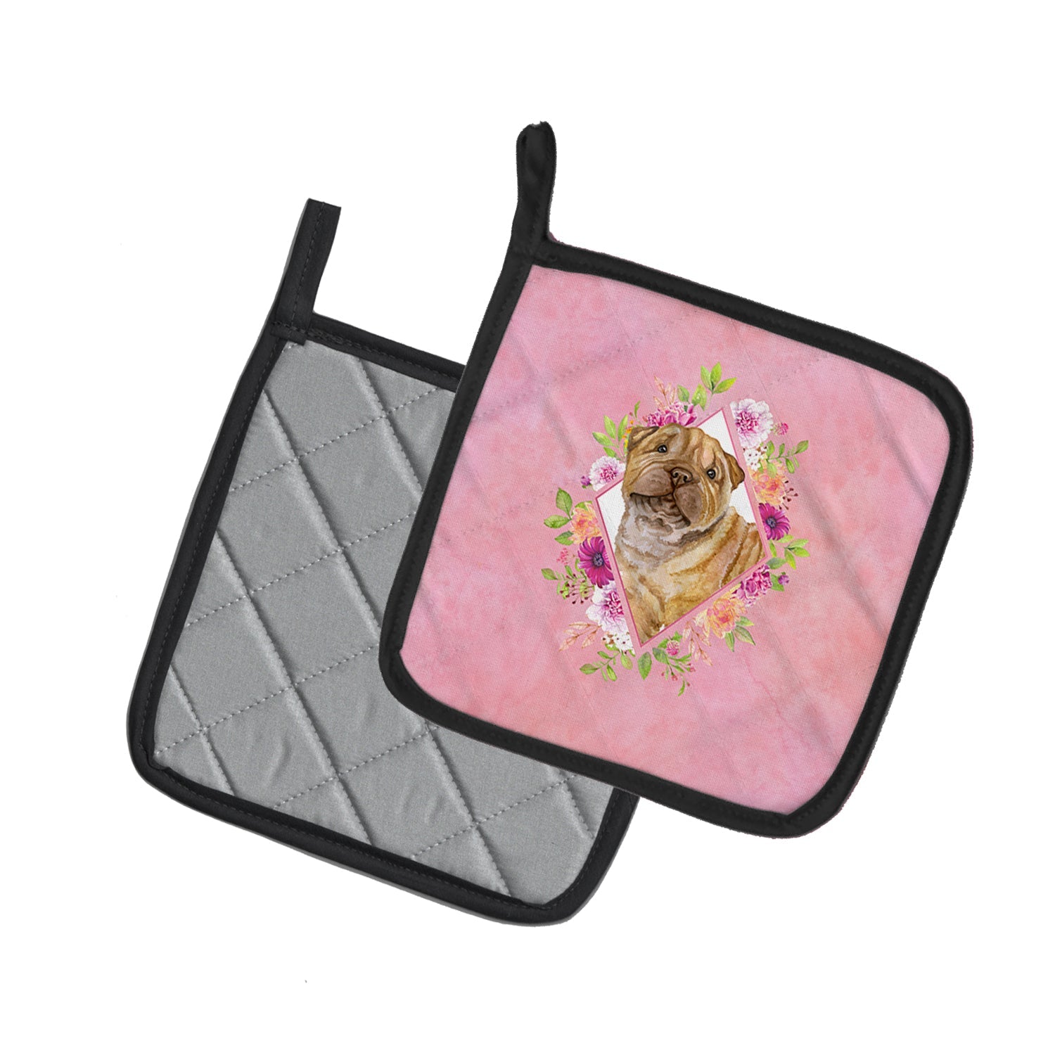 Shar Pei Pink Flowers Pot Holder Set of 2 Heat Resistant Quilted Hot Pads 7.5 x 7.5 Inch, Insulated Kitchen Trivets for Cooking & Baking