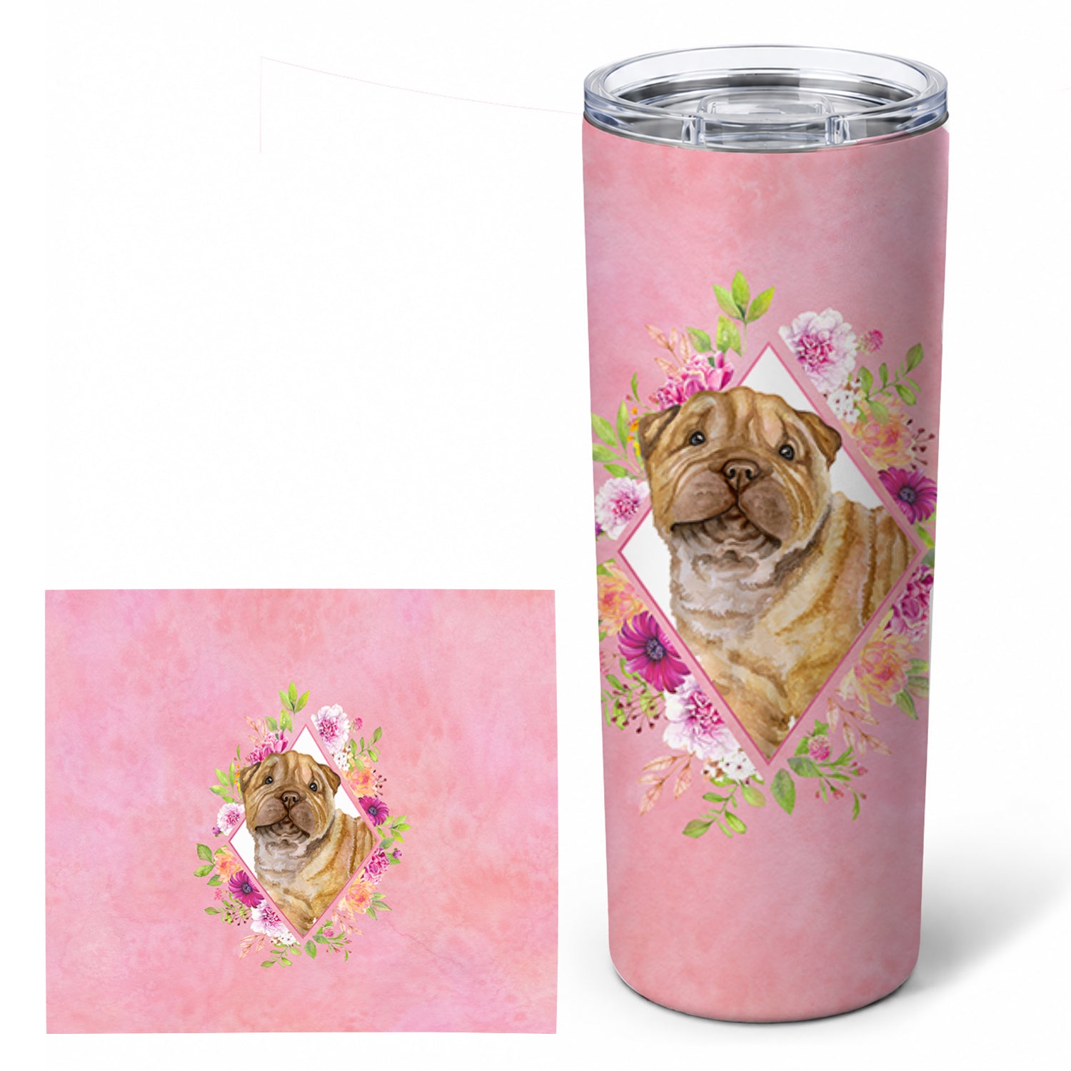 Shar Pei Pink Flowers Stainless Steel Skinny Tumbler 20 oz Vacuum Double Walled Reusable Insulated Travel Cup