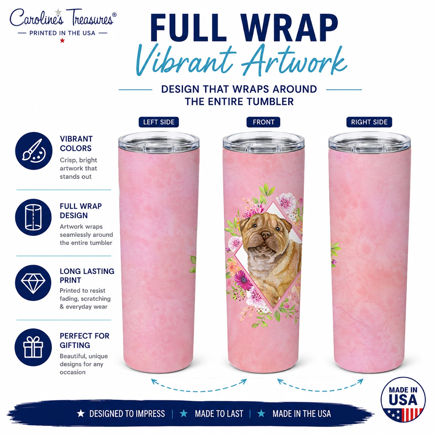 Shar Pei Pink Flowers Stainless Steel Skinny Tumbler 20 oz Vacuum Double Walled Reusable Insulated Travel Cup