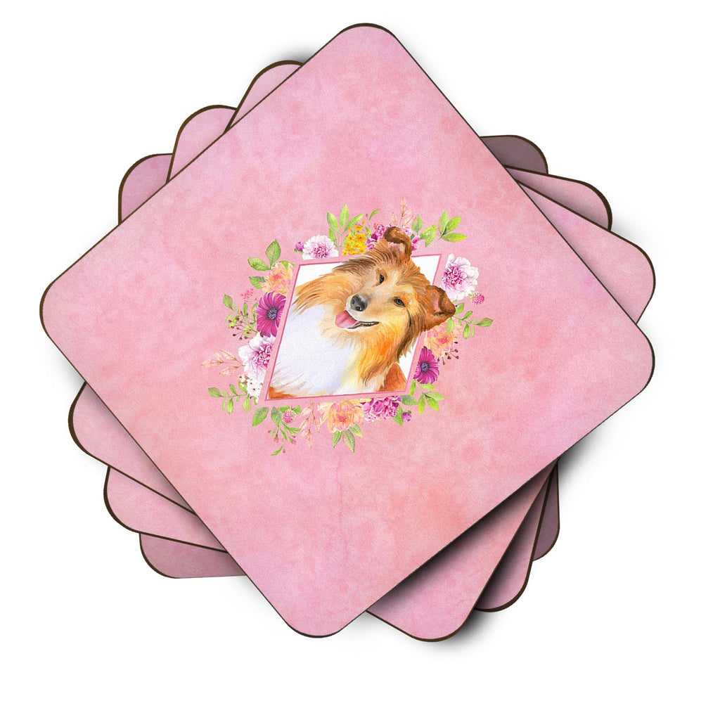 Sheltie Shetland Sheepdog Pink Flowers Foam Coasters Set of 4 Cup Coasters for Indoor Outdoor, Tabletop Protection, Anti Slip, Mouse pad Material
