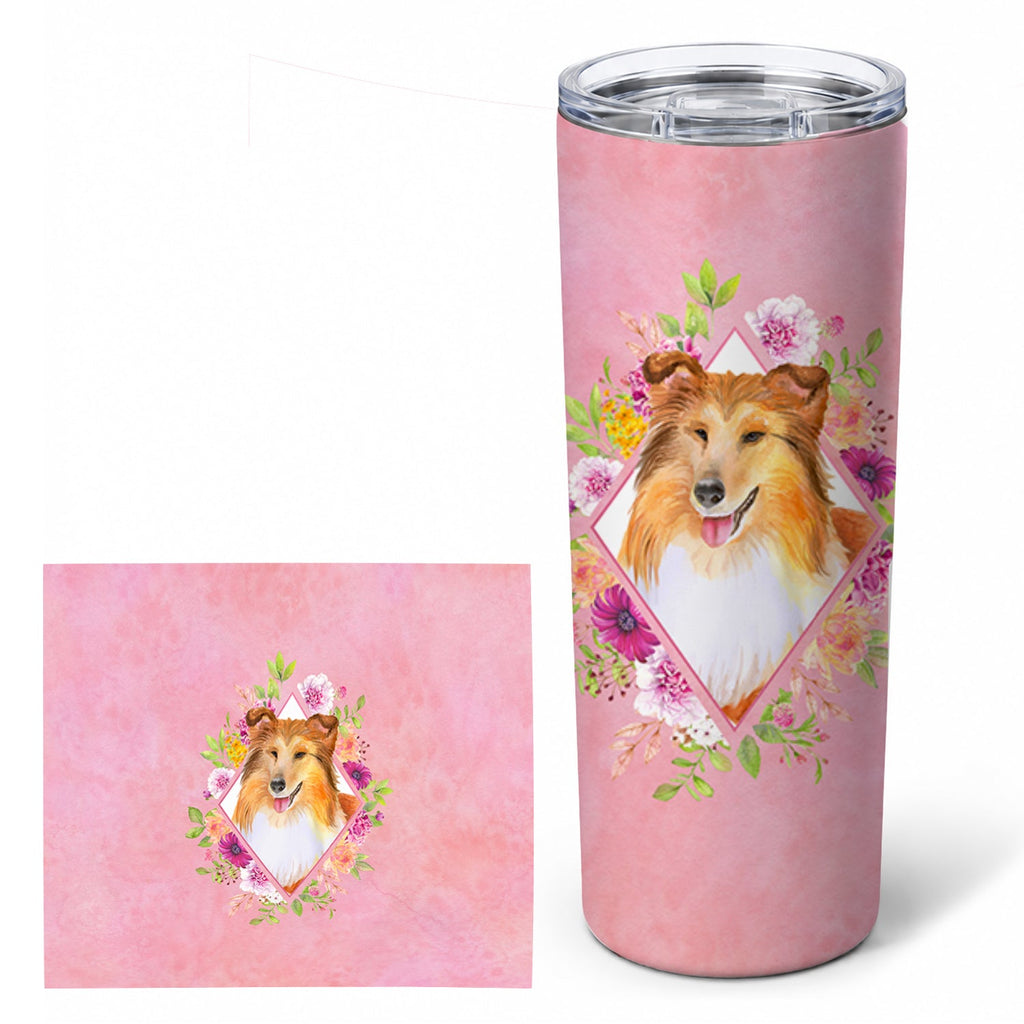 Sheltie Shetland Sheepdog Pink Flowers Stainless Steel Skinny Tumbler 20 oz Vacuum Double Walled Reusable Insulated Travel Cup