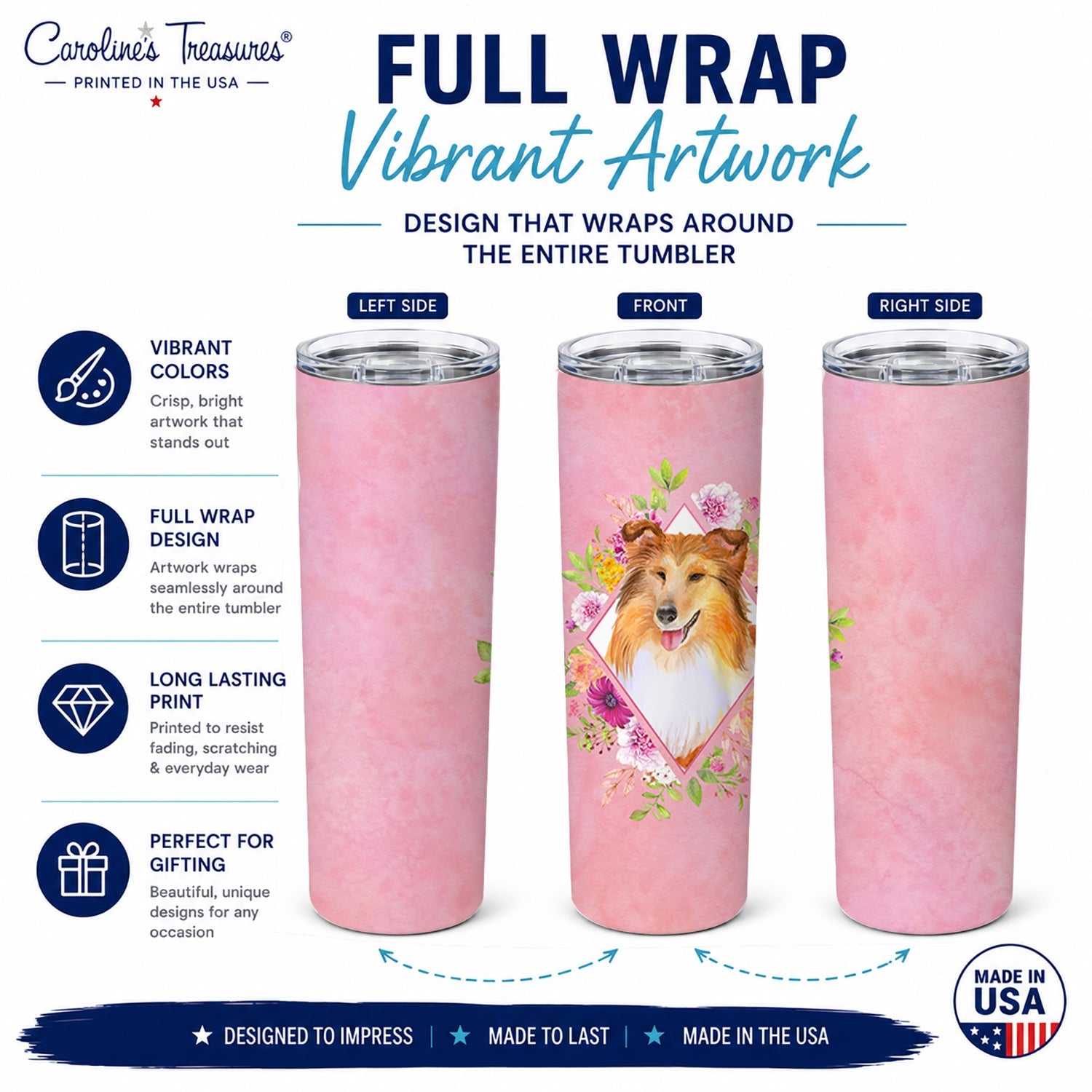 Sheltie Shetland Sheepdog Pink Flowers Stainless Steel Skinny Tumbler 20 oz Vacuum Double Walled Reusable Insulated Travel Cup