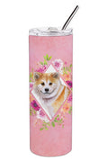 Shiba Inu Pink Flowers Stainless Steel Skinny Tumbler 20 oz Vacuum Double Walled Reusable Insulated Travel Cup