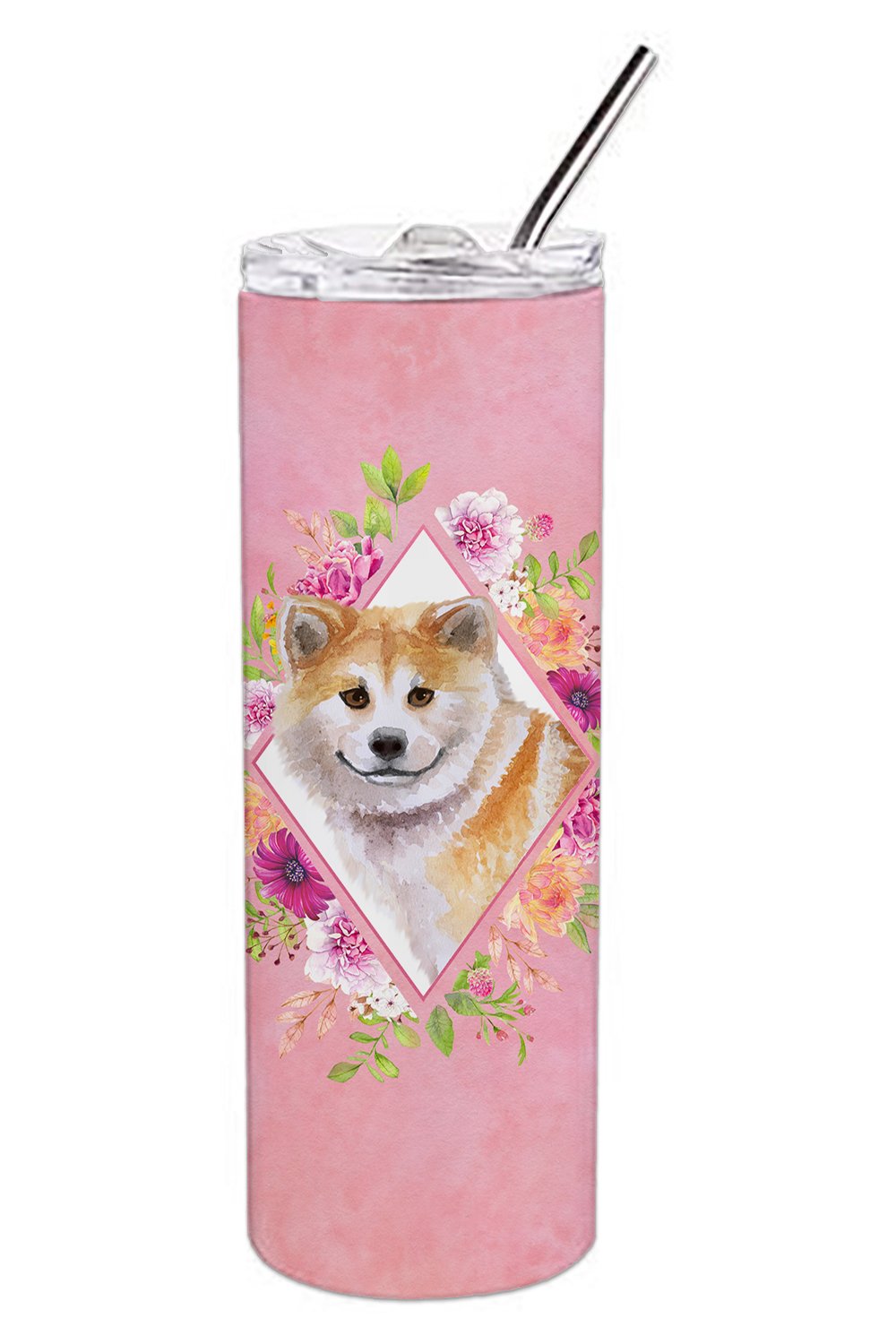 Shiba Inu Pink Flowers Stainless Steel Skinny Tumbler 20 oz Vacuum Double Walled Reusable Insulated Travel Cup