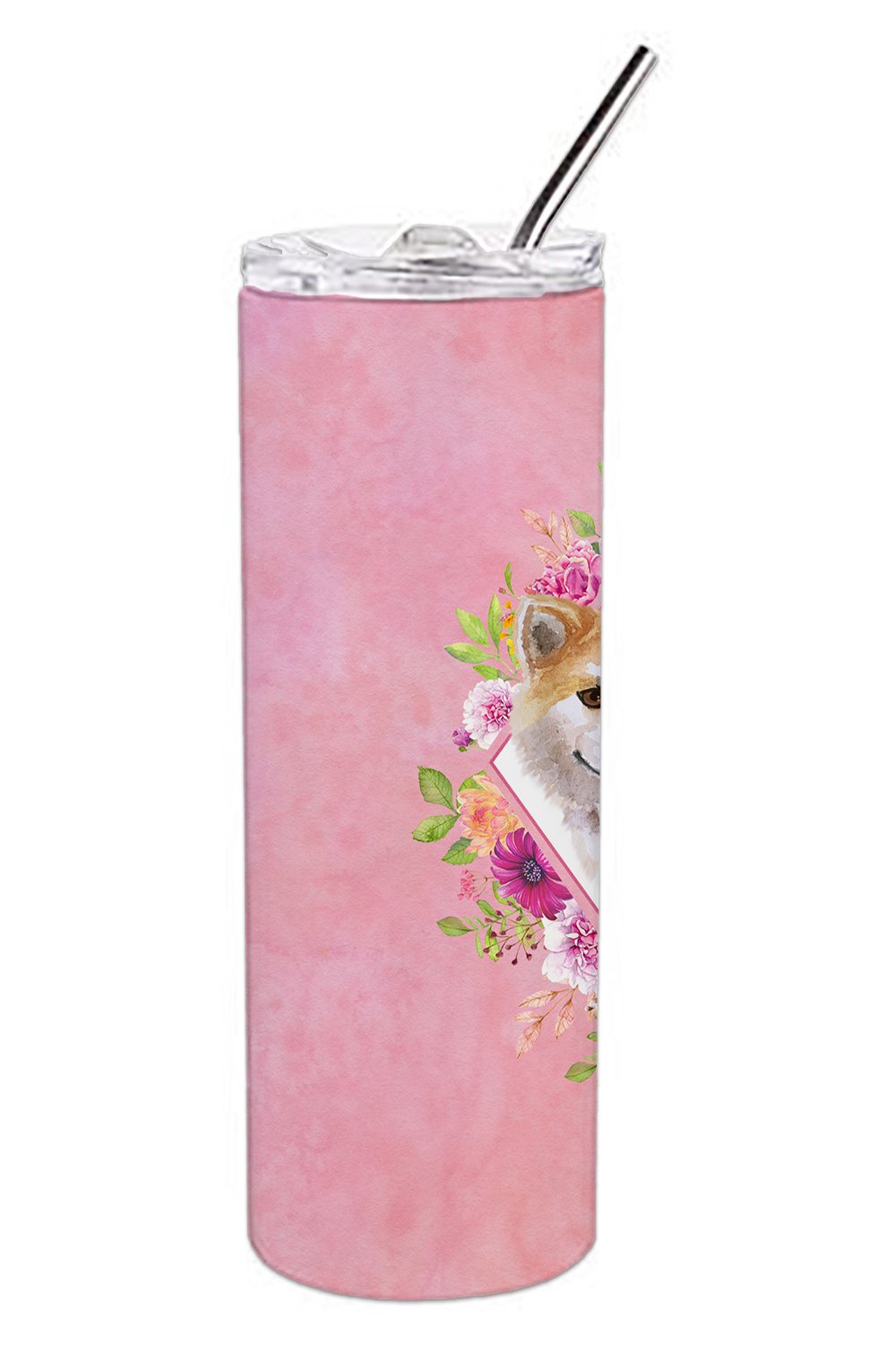 Shiba Inu Pink Flowers Stainless Steel Skinny Tumbler 20 oz Vacuum Double Walled Reusable Insulated Travel Cup