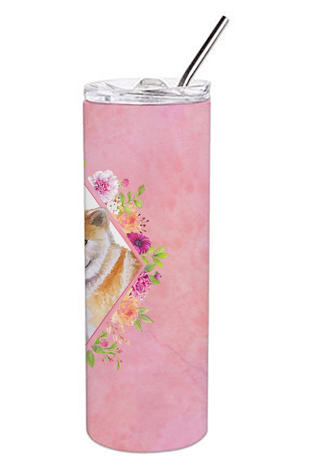 Shiba Inu Pink Flowers Stainless Steel Skinny Tumbler 20 oz Vacuum Double Walled Reusable Insulated Travel Cup