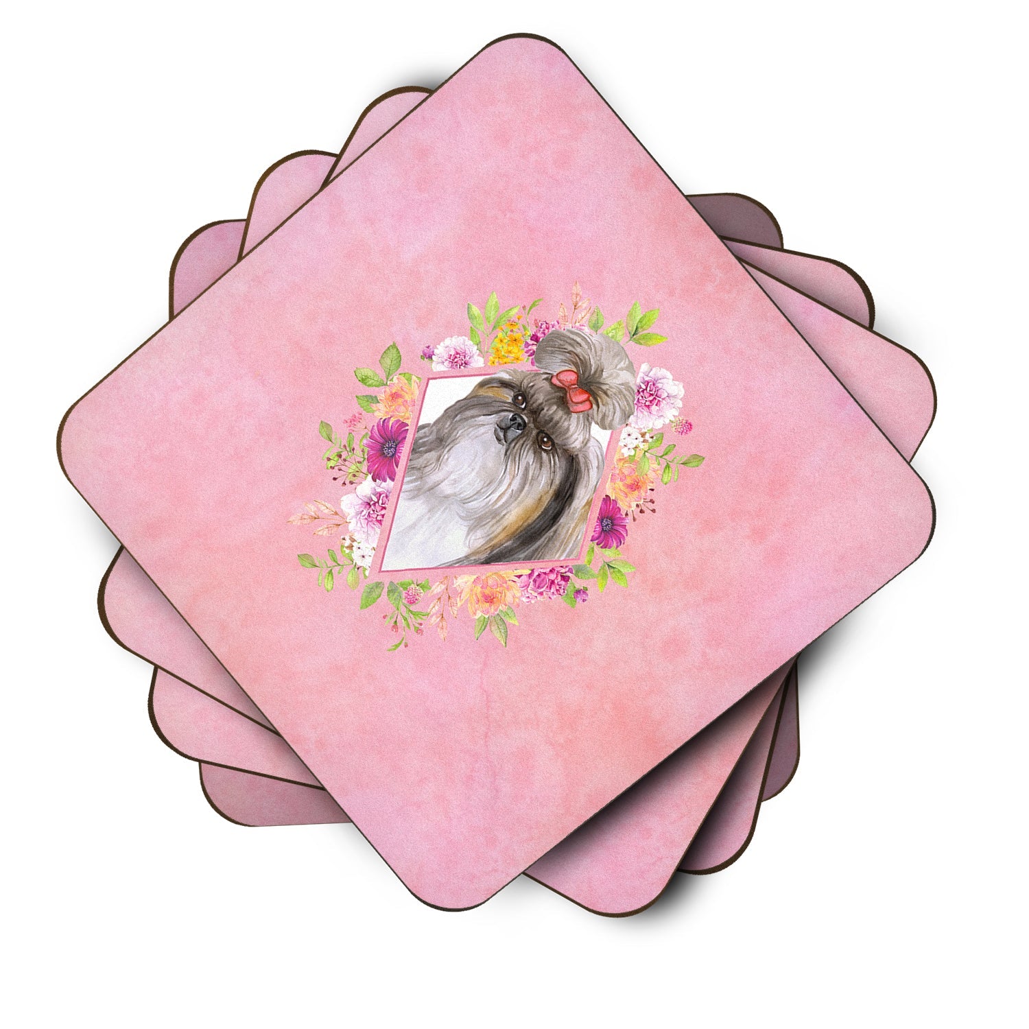 Shih Tzu Pink Flowers Foam Coasters Set of 4 Cup Coasters for Indoor Outdoor, Tabletop Protection, Anti Slip, Mouse pad Material