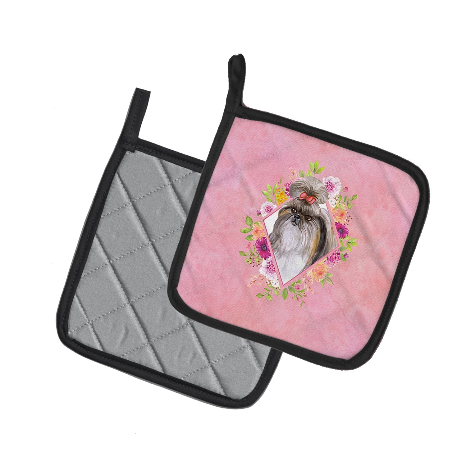 Shih Tzu Pink Flowers Pot Holder Set of 2 Heat Resistant Quilted Hot Pads 7.5 x 7.5 Inch, Insulated Kitchen Trivets for Cooking & Baking