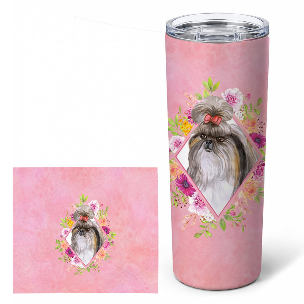 Shih Tzu Pink Flowers Stainless Steel Skinny Tumbler 20 oz Vacuum Double Walled Reusable Insulated Travel Cup