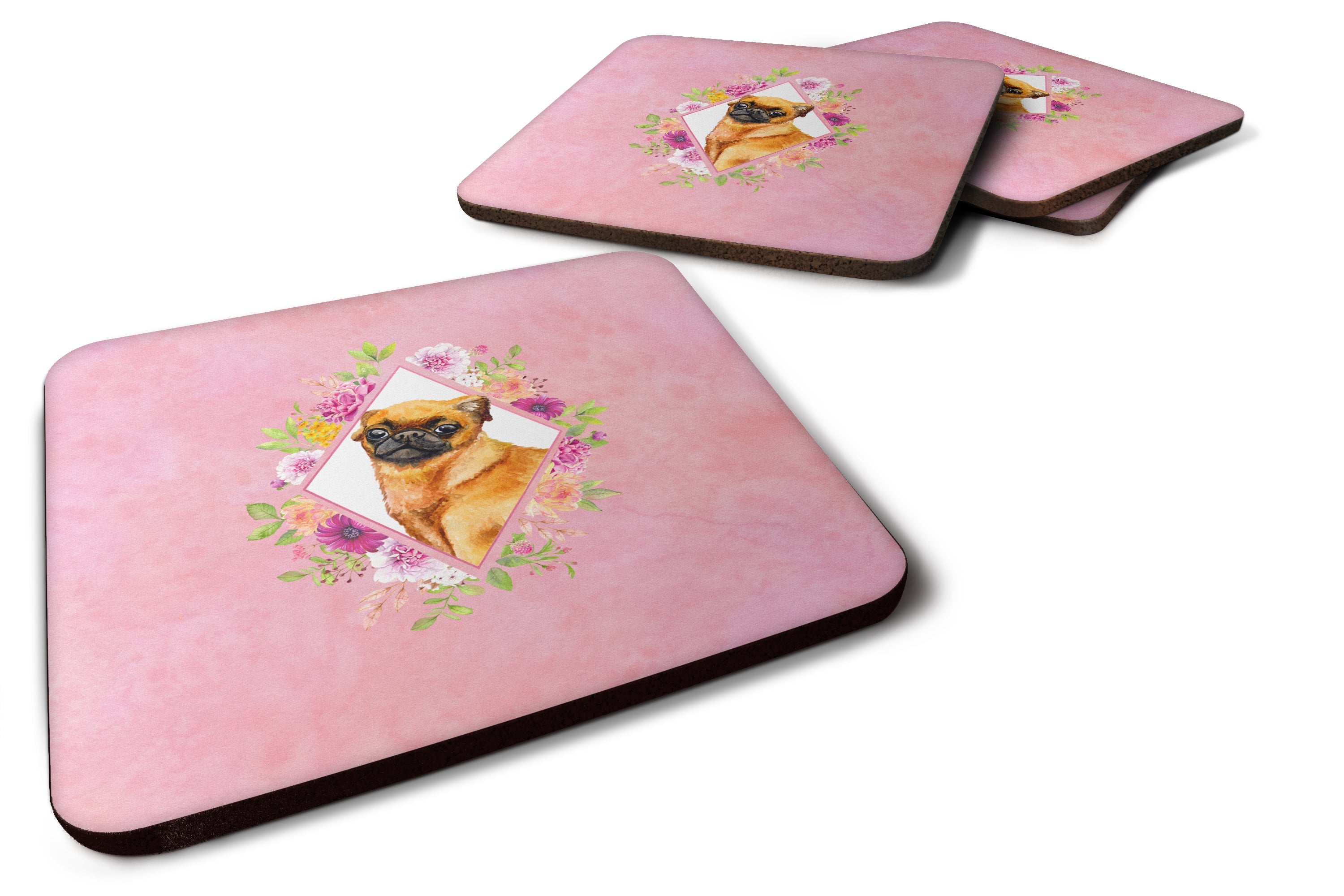 Brabant Griffon Pink Flowers Foam Coasters Set of 4 Cup Coasters for Indoor Outdoor, Tabletop Protection, Anti Slip, Mouse pad Material
