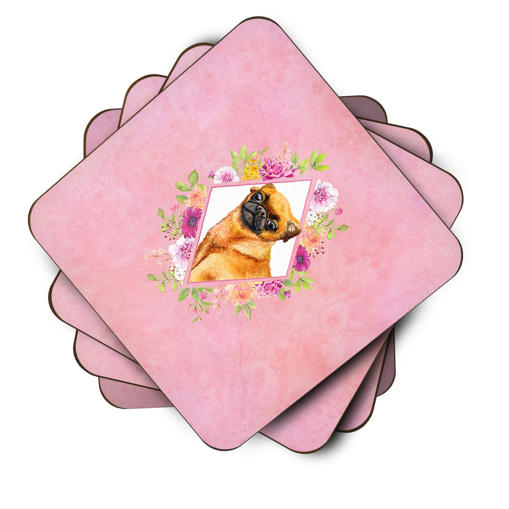 Brabant Griffon Pink Flowers Foam Coasters Set of 4 Cup Coasters for Indoor Outdoor, Tabletop Protection, Anti Slip, Mouse pad Material