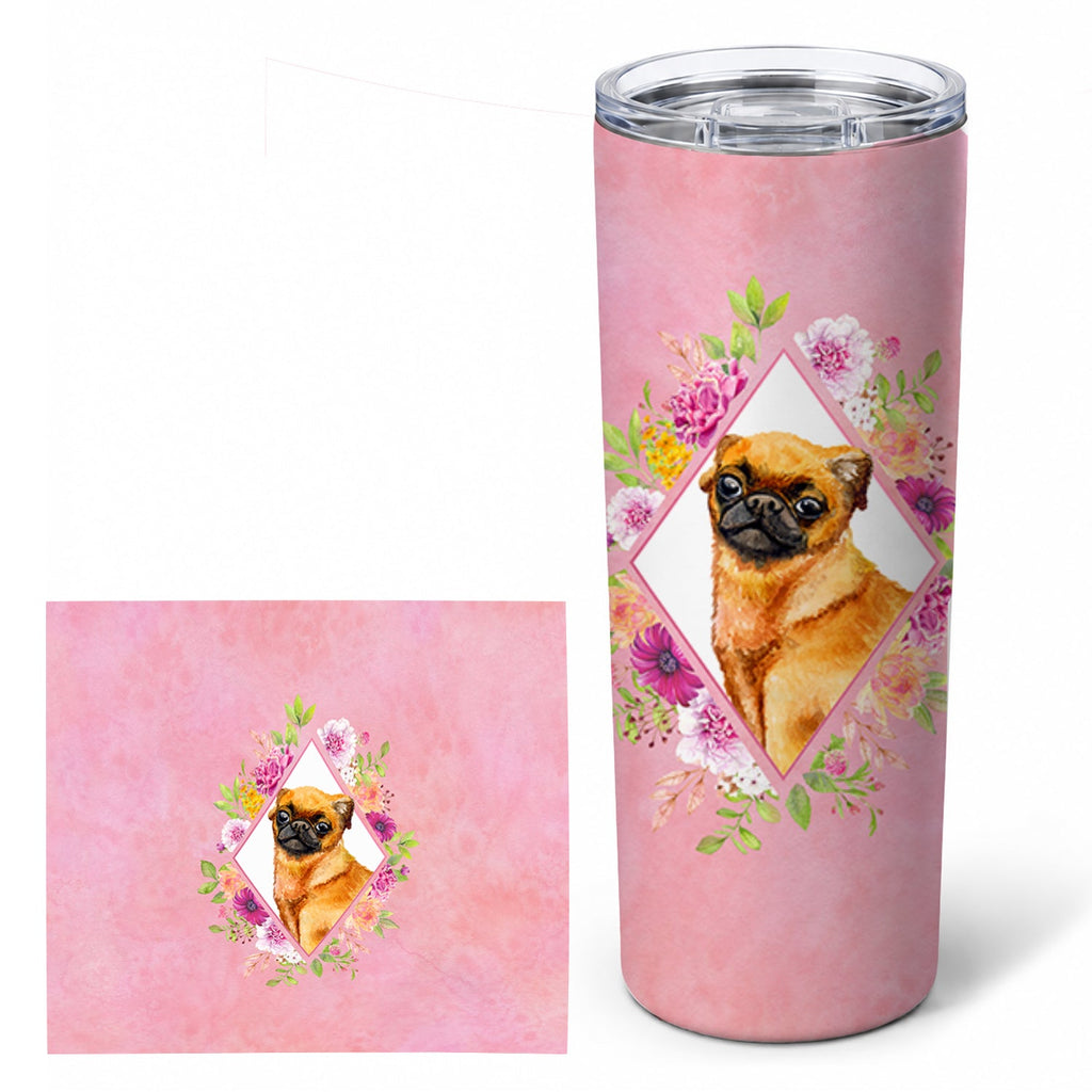 Brabant Griffon Pink Flowers Stainless Steel Skinny Tumbler 20 oz Vacuum Double Walled Reusable Insulated Travel Cup