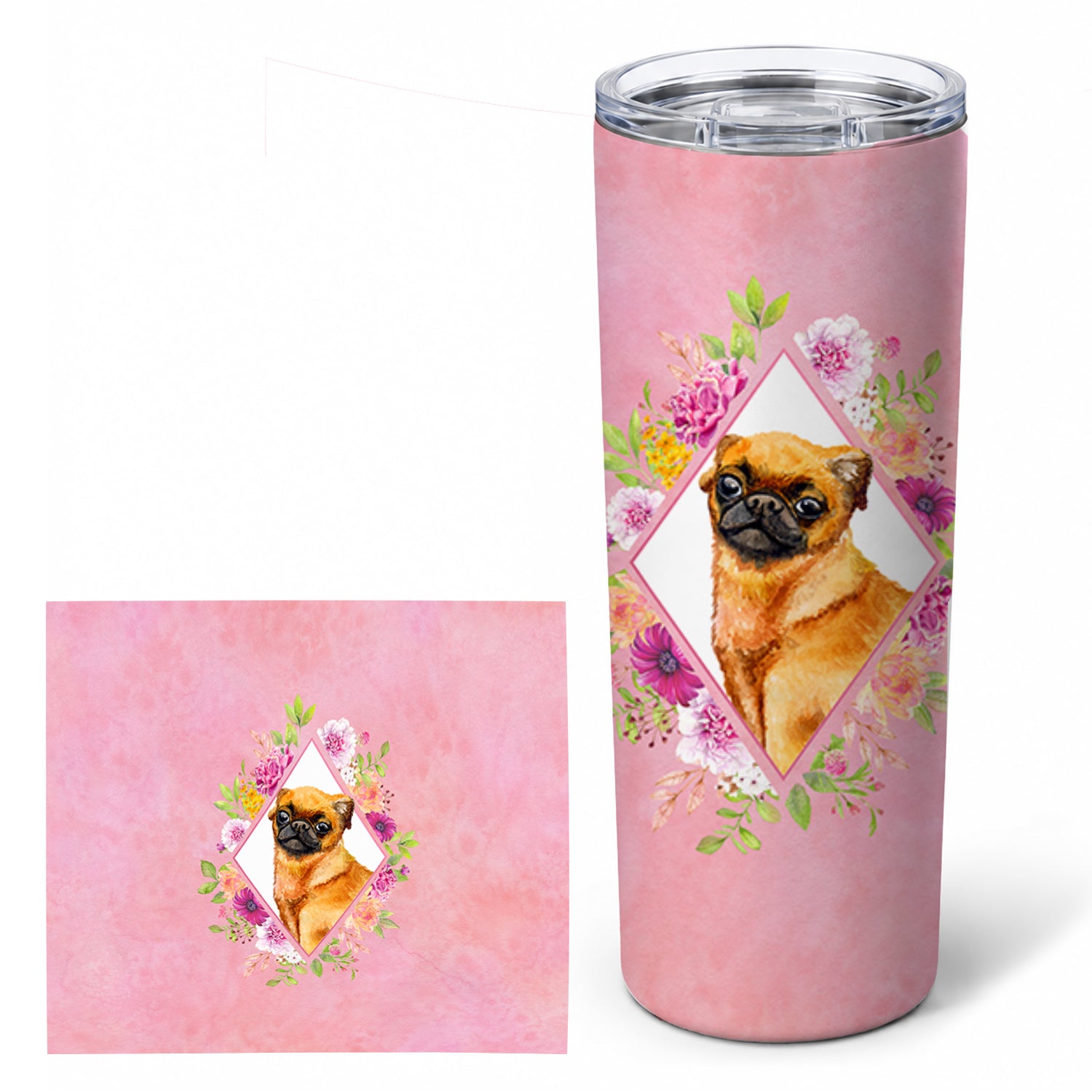Brabant Griffon Pink Flowers Stainless Steel Skinny Tumbler 20 oz Vacuum Double Walled Reusable Insulated Travel Cup
