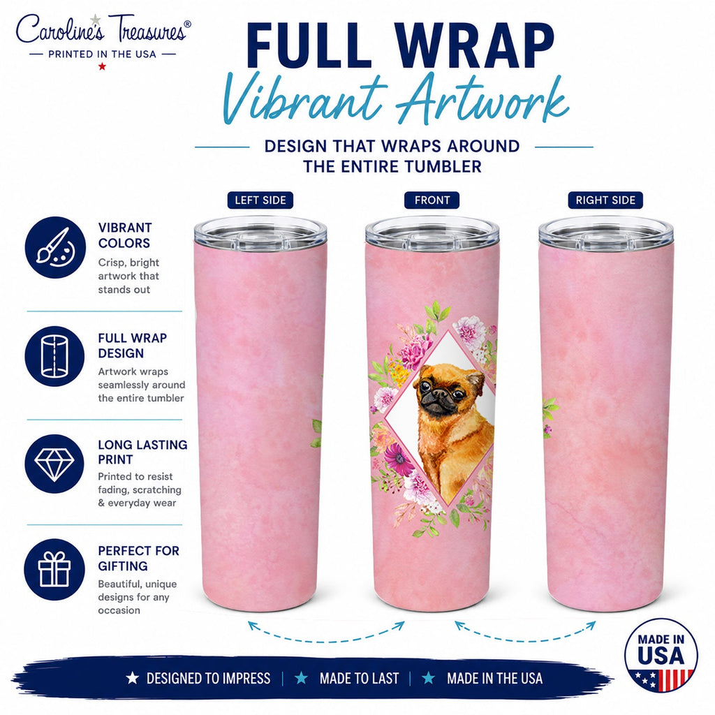 Brabant Griffon Pink Flowers Stainless Steel Skinny Tumbler 20 oz Vacuum Double Walled Reusable Insulated Travel Cup