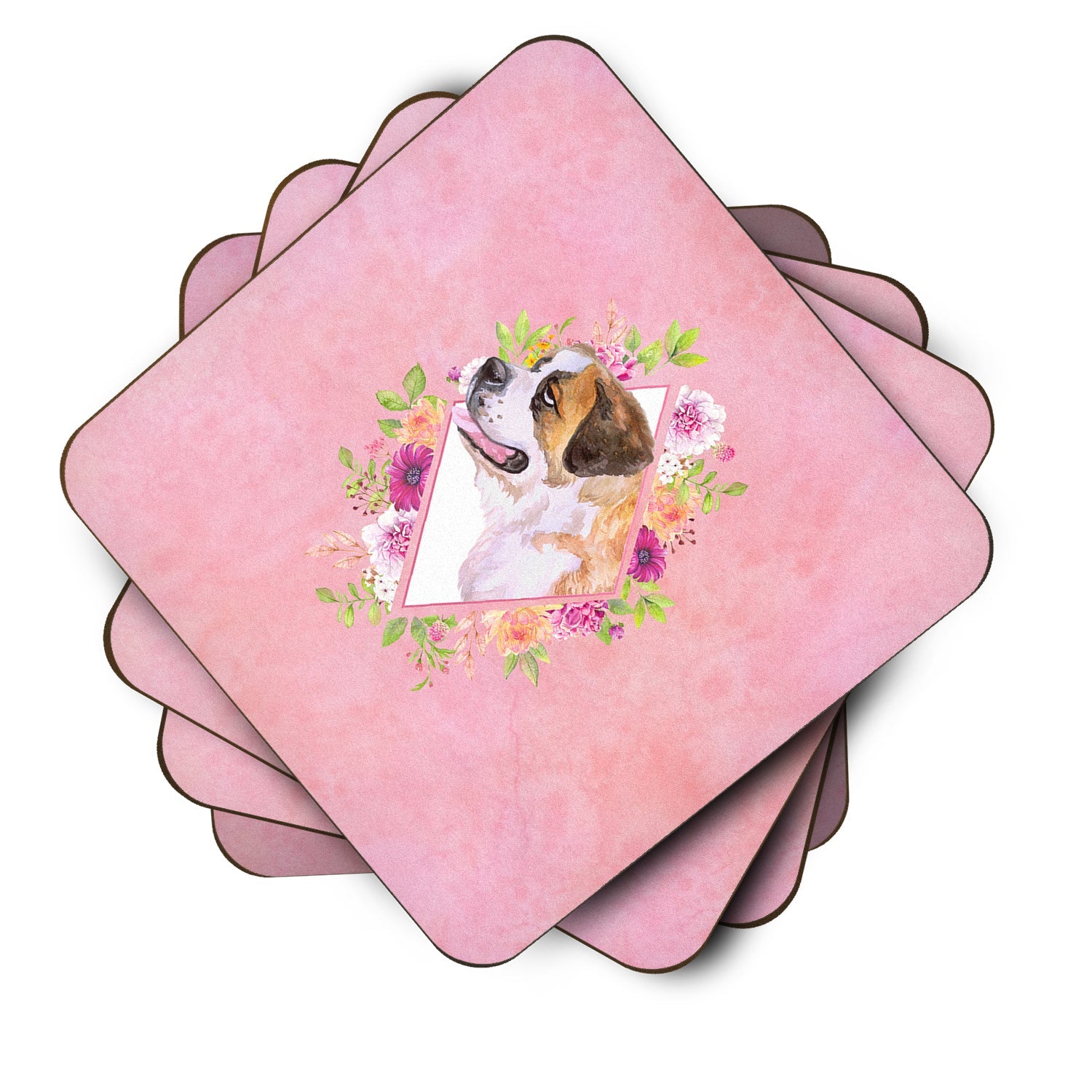 Saint Bernard #1 Pink Flowers Foam Coasters Set of 4 Cup Coasters for Indoor Outdoor, Tabletop Protection, Anti Slip, Mouse pad Material