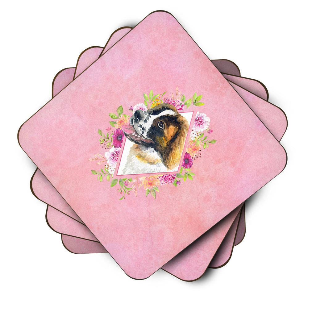 Saint Bernard #2 Pink Flowers Foam Coasters Set of 4 Cup Coasters for Indoor Outdoor, Tabletop Protection, Anti Slip, Mouse pad Material