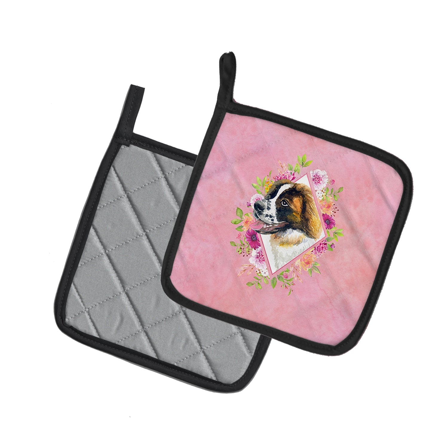 Saint Bernard #2 Pink Flowers Pot Holder Set of 2 Heat Resistant Quilted Hot Pads 7.5 x 7.5 Inch, Insulated Kitchen Trivets for Cooking & Baking