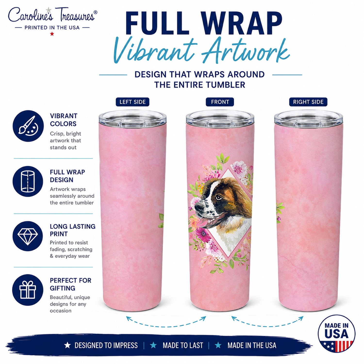 Saint Bernard #2 Pink Flowers Stainless Steel Skinny Tumbler 20 oz Vacuum Double Walled Reusable Insulated Travel Cup