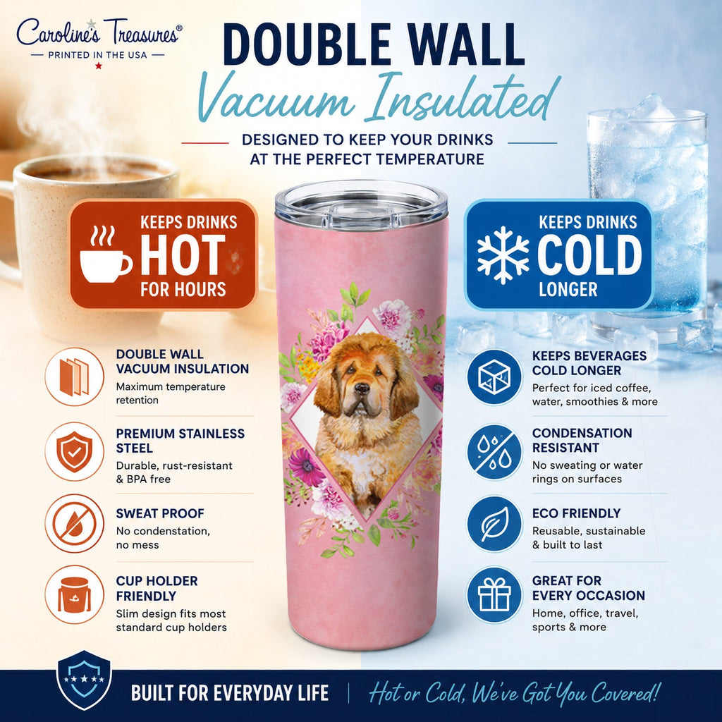 Tibetian Mastiff Puppy Pink Flowers Stainless Steel Skinny Tumbler 20 oz Vacuum Double Walled Reusable Insulated Travel Cup