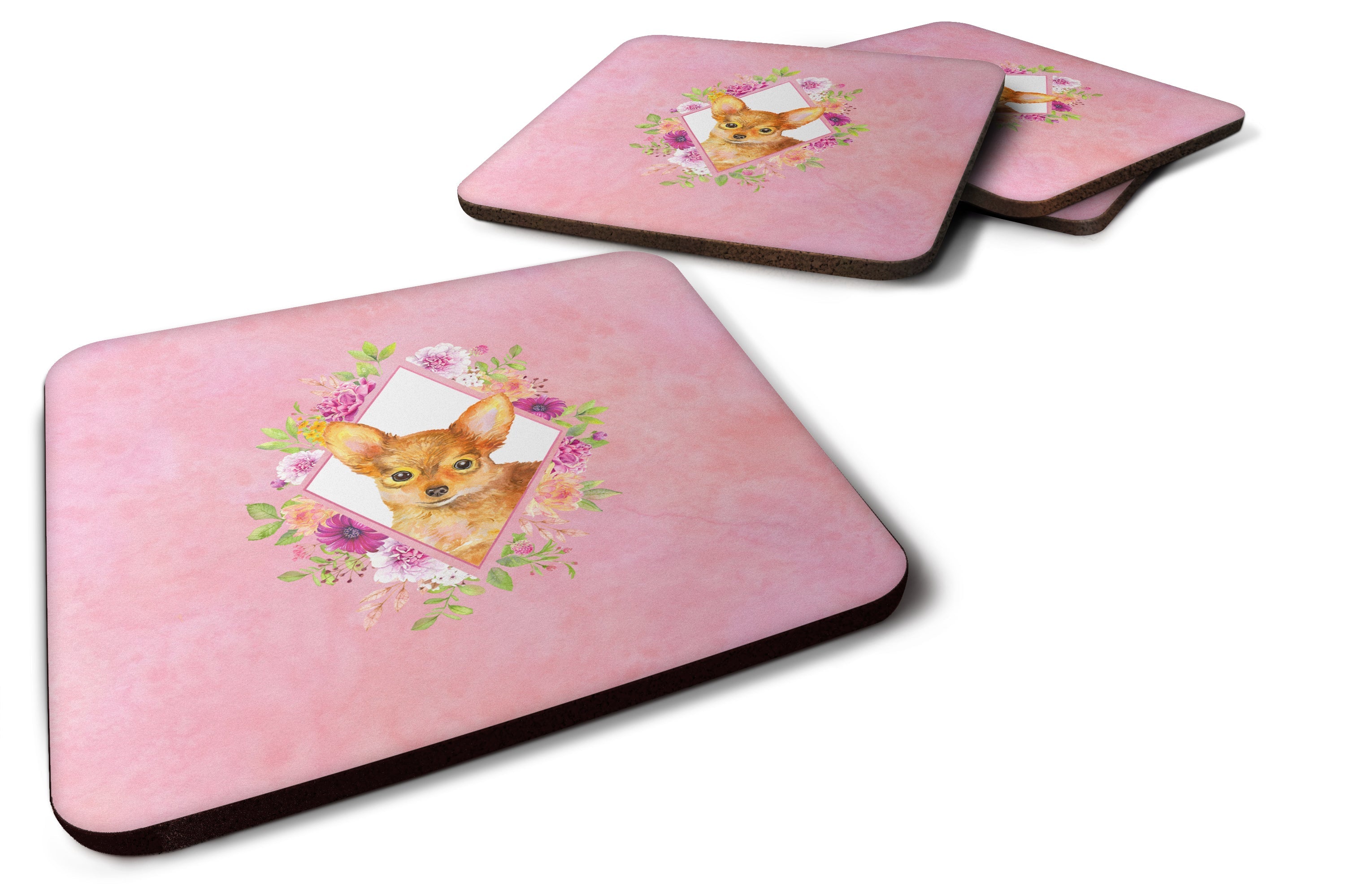 Toy Terrier Pink Flowers Foam Coasters Set of 4 Cup Coasters for Indoor Outdoor, Tabletop Protection, Anti Slip, Mouse pad Material