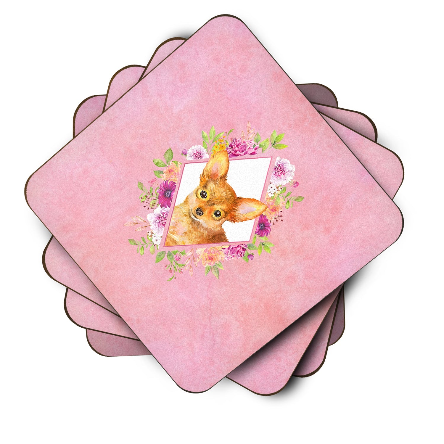Toy Terrier Pink Flowers Foam Coasters Set of 4 Cup Coasters for Indoor Outdoor, Tabletop Protection, Anti Slip, Mouse pad Material