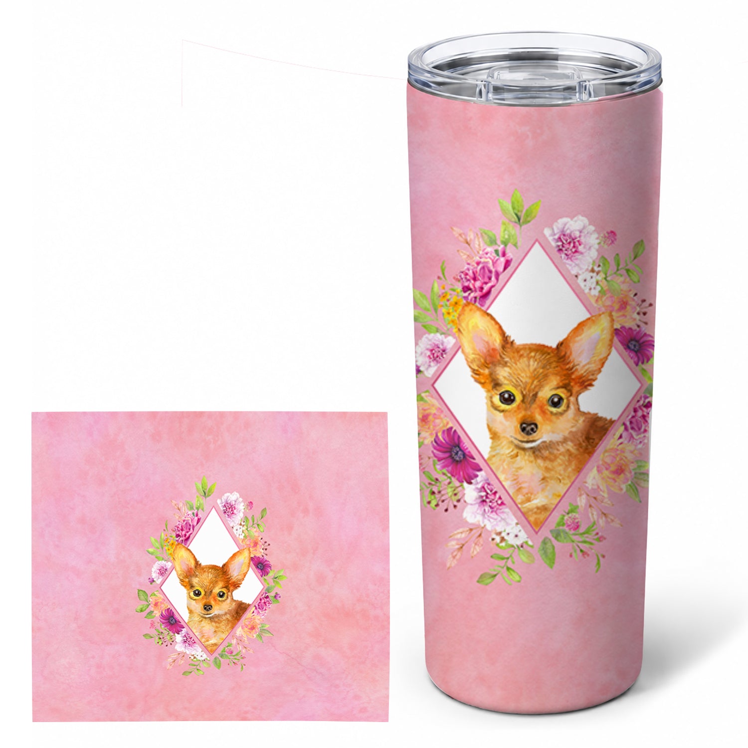Toy Terrier Pink Flowers Stainless Steel Skinny Tumbler 20 oz Vacuum Double Walled Reusable Insulated Travel Cup